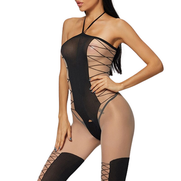 Black Nylon Bodysuit with Open Crotch / Ladies Bodystocking / Female Mesh Underwear - EVE's SECRETS
